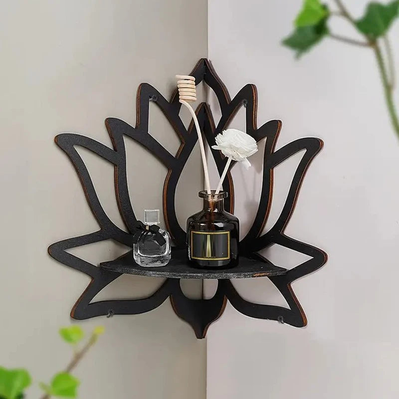 Modern Handmade Unique Creative Bohemia Black Solid Wood Hollow Out Floral Lotus Flower Design Wall Mounted Corner Shelves-Ledges