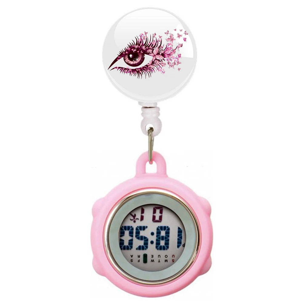 No-EN-Name-Null Waterproof Black Plastic Round Cover Glass Face Digital Display Retractable Printed Floral Anatomical Designs Nurse-Doctor Hanging Metal Alloy Fob Pocket Watches/Colors-Black/White/Pink/Blue