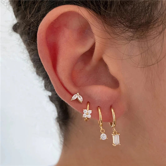 CANNER 4PCS 1 Set 925 Sterling Silver Stud Earrings For Women Individuality Zircon 18K Gold Fashion Jewelry Party Gifts Classic