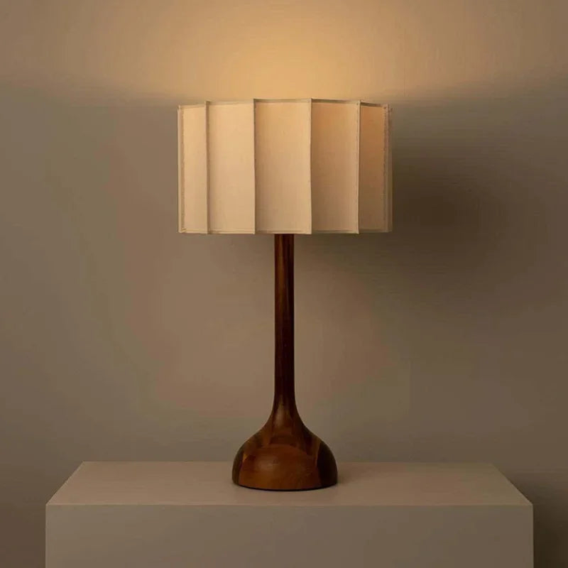 Japanese LED Wabi-Sabi Downward Fabric Shade Polished Steel Finish Solid Wood-Bamboo Round Base Table Lamps/Colors-Brown/White
