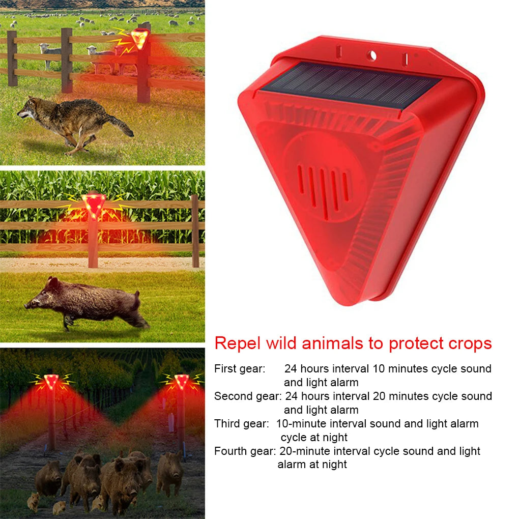 No-EN-Name-Null Outdoor Waterproof Red-Black Triangle Plastic Six LED Solar Alarm Light Four Modes Sensor Flashing-Light Sounds Repels Wild Animals Detector 24-Hours Interval 10-20 Minutes Cycles Home Alarm System/LED BULBS INCLUDED