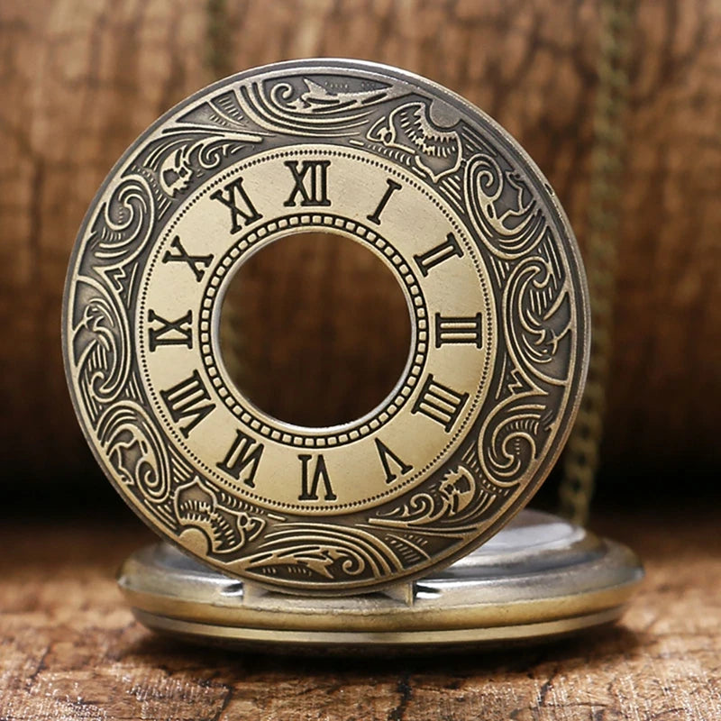 SOXY Adult Men Vintage Quartz Analog Display Glass Face Stainless Steel Metal Bronze Round Shaped Case White Face-Hollow-Out Roman Numeral On Front Design Arabic Numeral Inside Bronze Chain-Pocket Watches