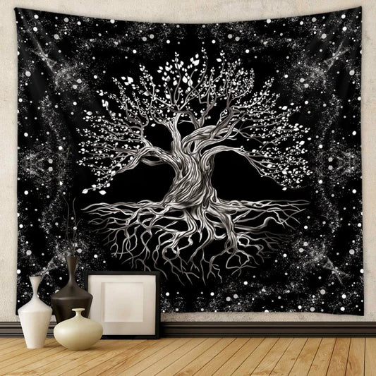 Decorative Polyester-Cotton Black Background-White Printed Nature Tree of Life Design Wall Tapestries/Colors-Black/Orange/Navy Blue/White/Yellow/Multicolor