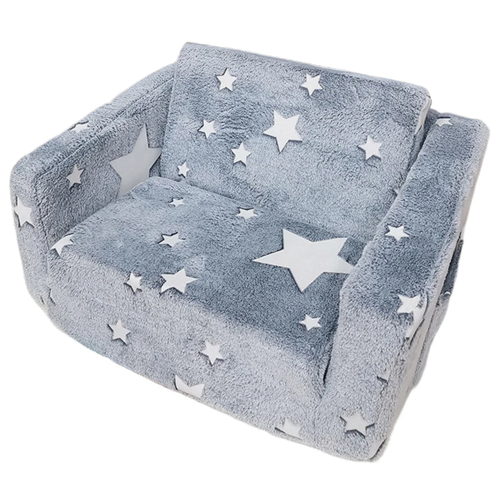 SHUNMAII Modern Babies-Toddlers Upholstered Sponge Padding One-Seat Glow-In-The-Dark-Stars-Half Moons-Clouds Design Soft Gray Polyester Fabric Fold-Out Armchair Play Sofas/Colors-Gray/Multicolor/Animals