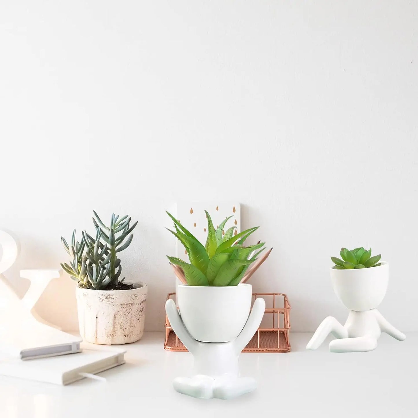No-EN-Name-Null Indoor Mini White Ceramic Cute Cartoon Human Silhouette Shaped Succulent Flower Pots Planters/NO Plants Included