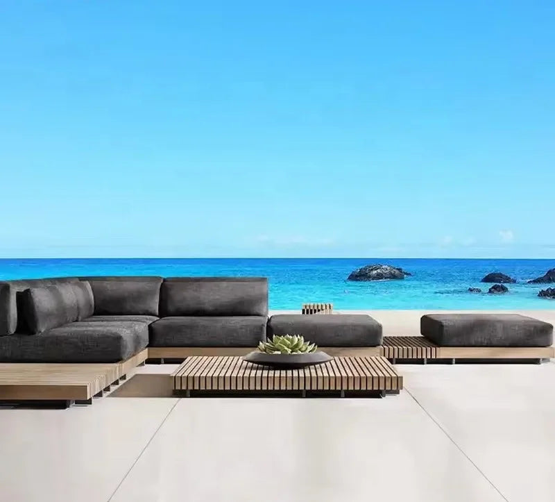 No-EN-Name-Null Outdoor Gray Soft Fabric Cushions Solid Brown Teak Wood Base Aluminum Frame Patio Sofa Sectional-Rectangle Shaped Coffee Table-Chairs-Ottoman Sets/Colors-Brown/Black/Gray/White/Silver/Multicolor