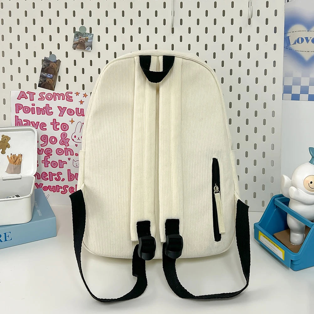 VKTECH Women Lightweight White Corduroy Charming Butterfly One Big-Three Small Black Bowknots Design Zippers Single Compartment Polyester Lining Shoulder Straps-Handle External Pockets School Backpacks/Colors-White/Black/Beige