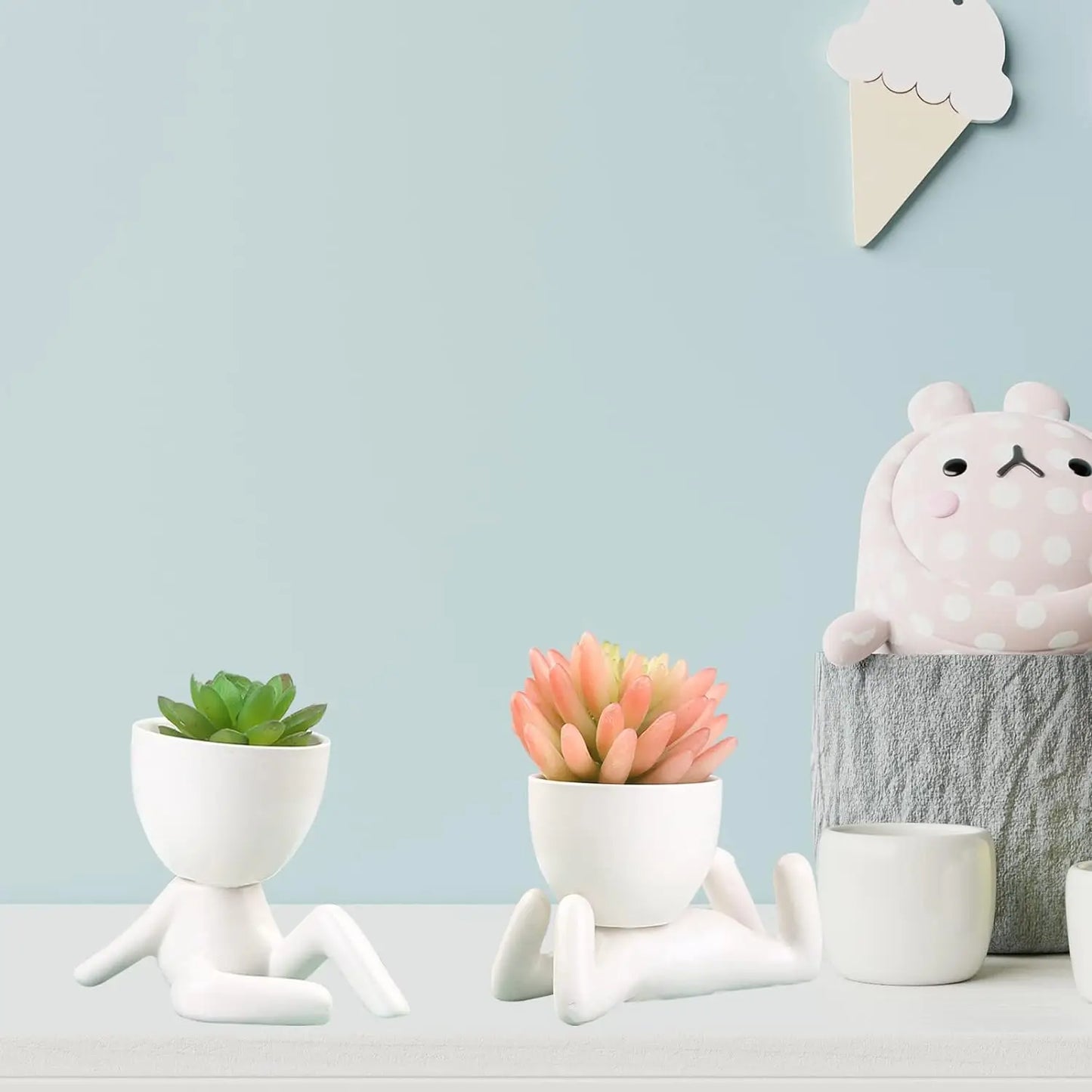 No-EN-Name-Null Indoor Mini White Ceramic Cute Cartoon Human Silhouette Shaped Succulent Flower Pots Planters/NO Plants Included