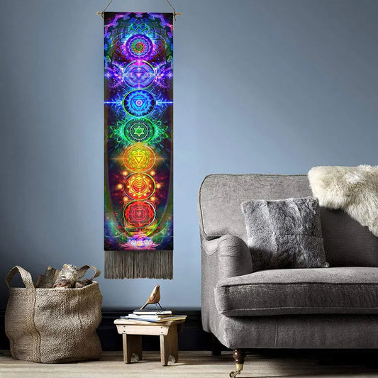 Printed Rectangle Cotton-Linen Colorful Multicolor Seven Chakra Spiritual Meditation Wall Hanging Tapestries