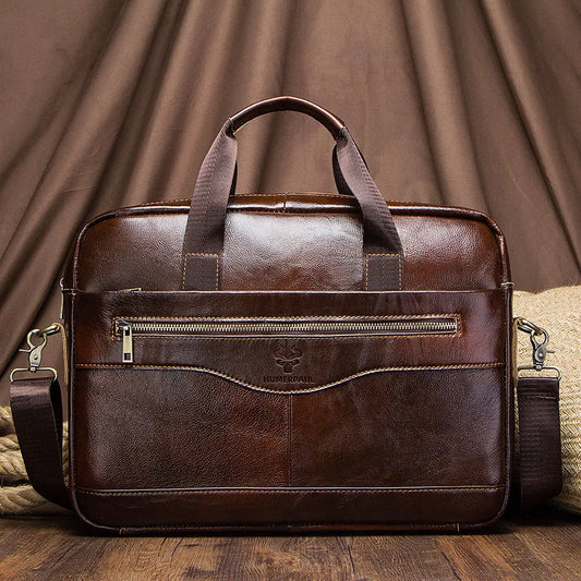HUMERPAUL Men Modern Brown-Black Rectangle Cowhide Leather Metal Zipper External Pockets Polyester Lining Built-In 15 Inch Laptop Compartment Two Soft Handles-One Shoulder Strap Business Briefcases