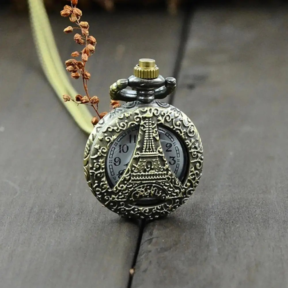SANWOOD Adults Vintage Antique Quartz Analog Display Bronze Round Shaped Metal Case Glass Face Arabic Numeral Engraved Flowers-Eiffel Tower-Chinese Zodiac Design Pendant Chain-Pocket Watches