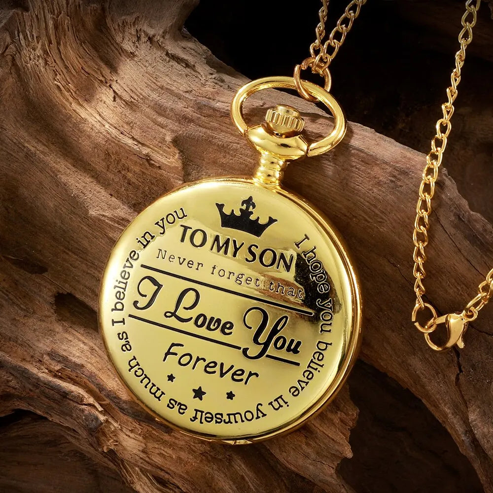 Unisex Adults Waterproof Antique Glass Face Quartz Analog Display To My Son-I Love You-Forever Design Gold-Silver Round Shaped Metal Alloy Case Vintage Steampunk Roman Numerals Gold Necklace Chain-Pocket Watches