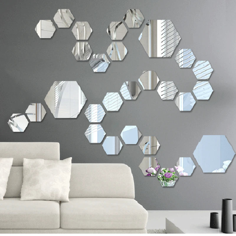 12/24Pcs 3D Hexagon Self Adhesive Removable Acrylic Wall Mirror Stickers/Colors-Silver/Red/Blue