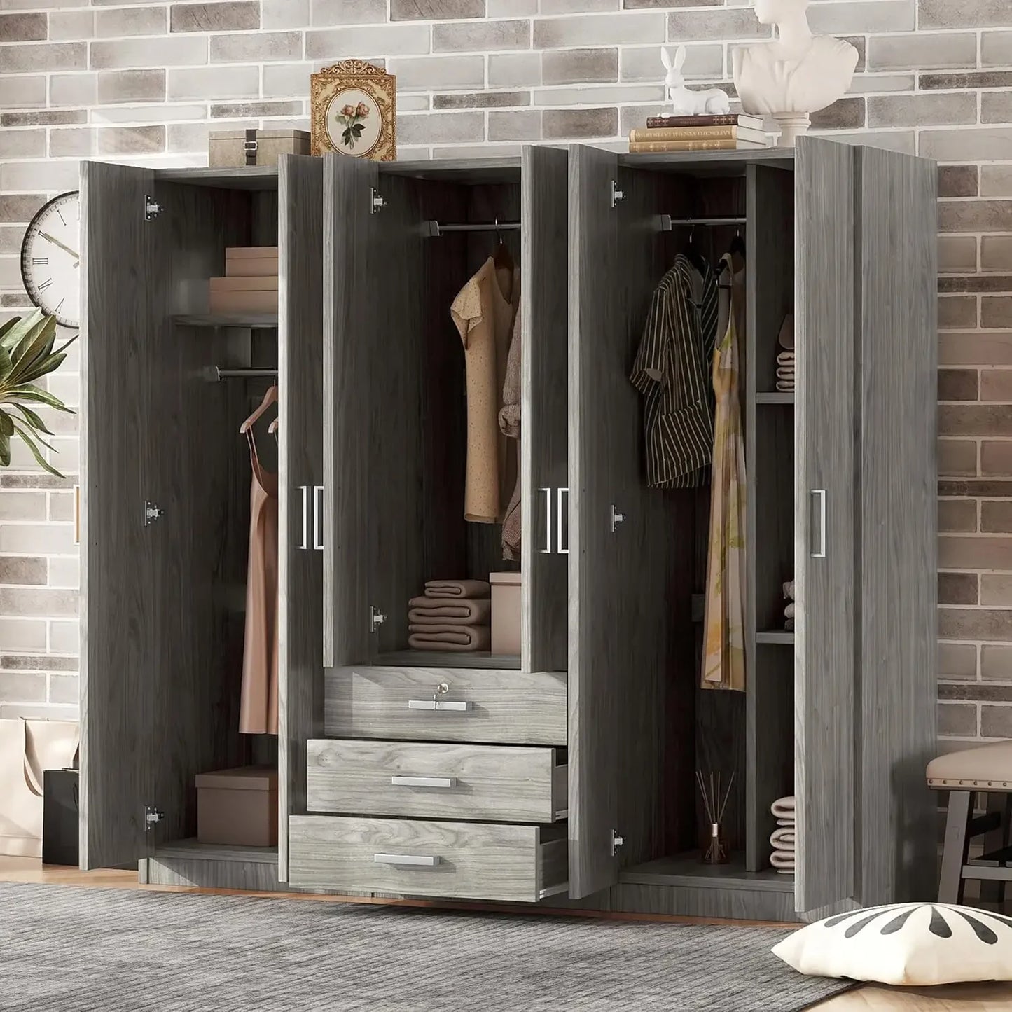 TONGYUE Modern Beige Large Six Doors Three Drawers MDF Wood Triple Wardrobes /Colors-Beige/Brown/White/Gray/ Dimensions: 19.2"D x 70.9"W x 68"H