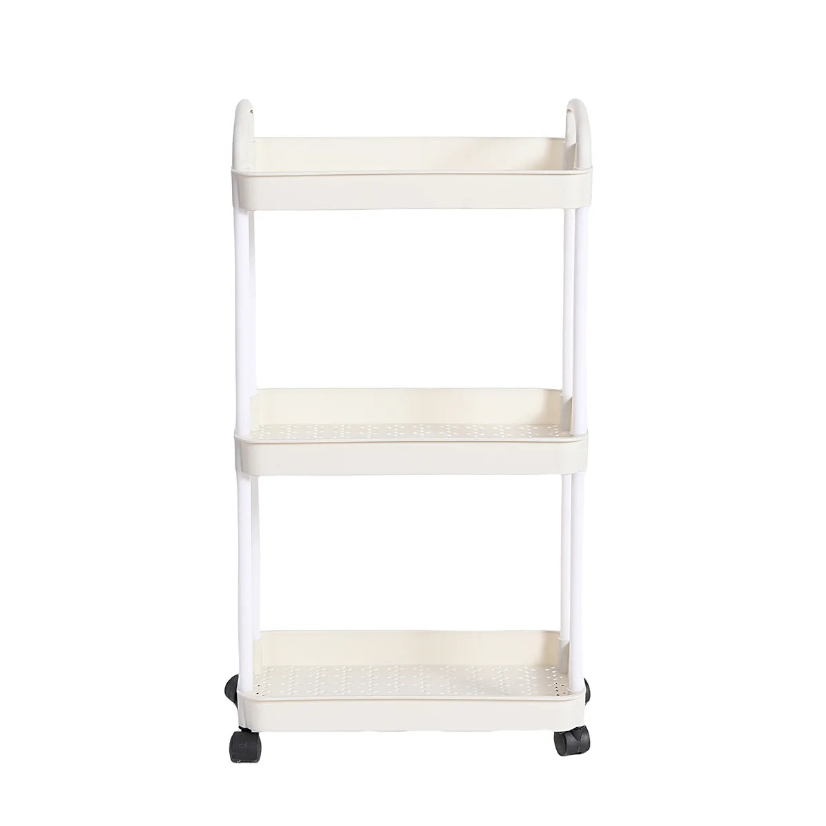 Kitchen 2 Handles Plastic 3-4 Tier Shelves White-Black Storage Utility Carts/ 360 Degrees Rotation/ 2 Easy Lockable Plastic Wheels