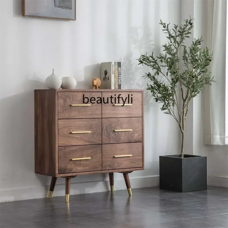 No-EN-Name-Null Free-Standing Brown Solid Walnut Wood Six Drawers Sideboard Storage Chests/ Black Walnut Copper Legs