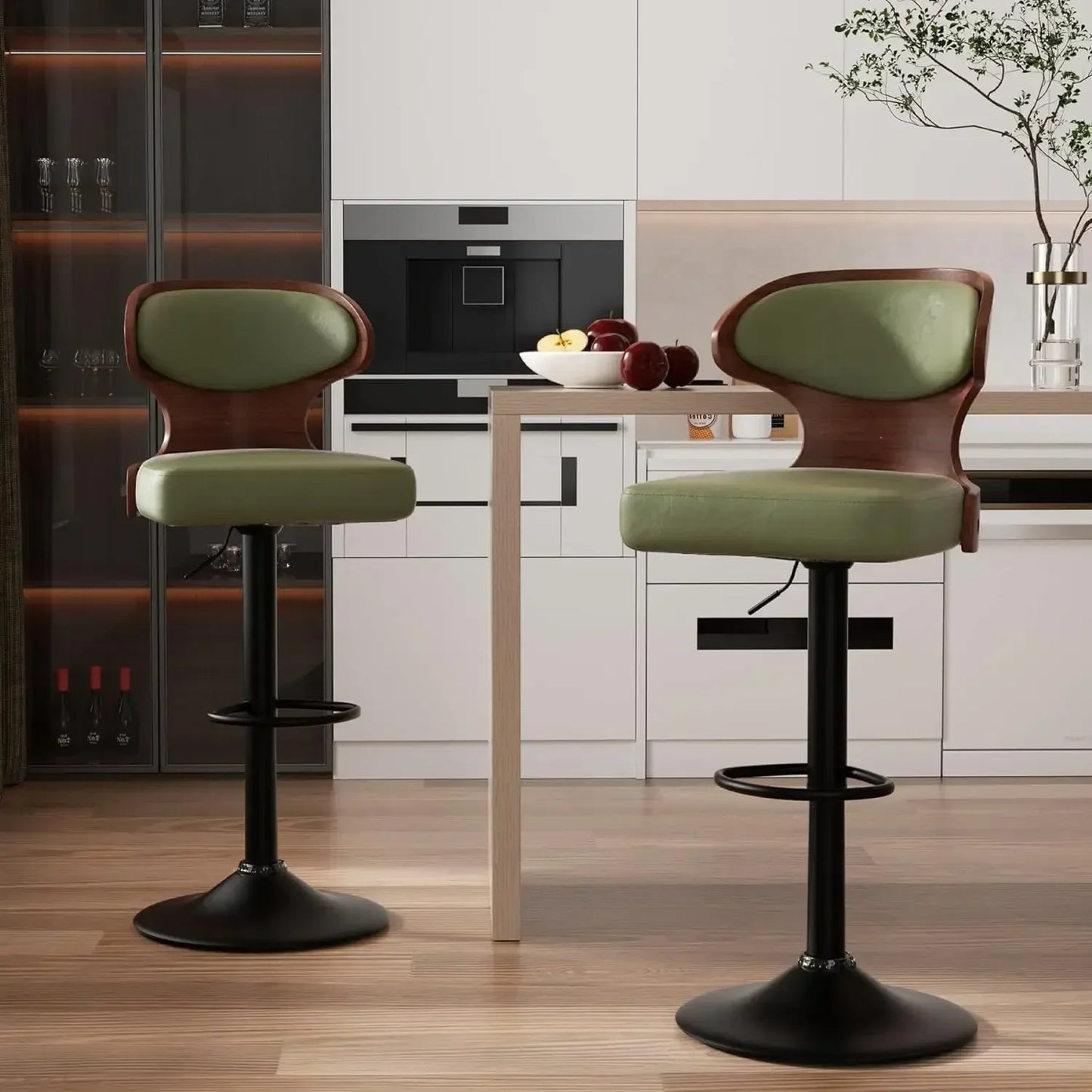 2 pcs L-Shaped Adjustable Height Solid Wood Low Backrest Bentwood Swivel Waterproof Leather Upholstered Cushion Barstools/Black Metal Frame Base /Footrest/Colors-Black/Blue/Green/Brown