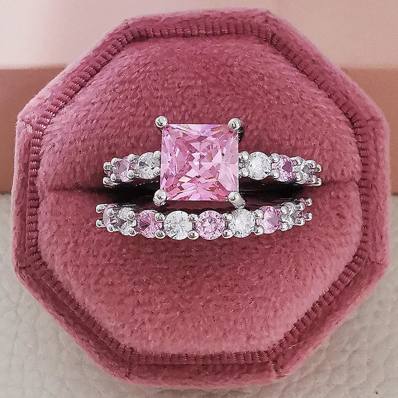 MOONSO 2 PCS Adult Women Fine Imitation Silver Copper Metal Large Princess-Cut Pink Cubic Zirconia Central Stone-Smaller White-Pink Stones Around It Bridal Wedding Round Solitaire Band Rings