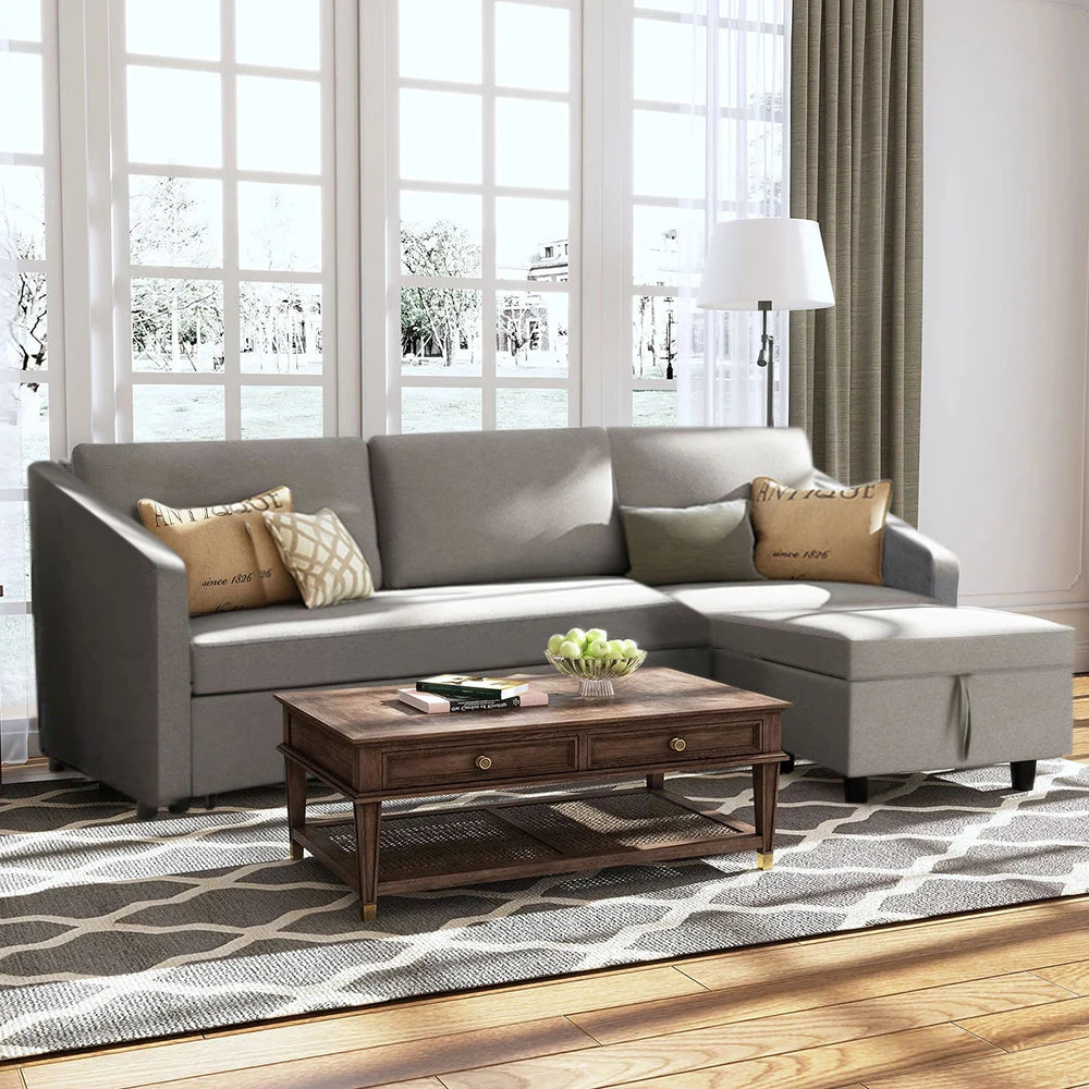 LIVING AND HOME Modern Medium Firm L-Shaped Soft Comfortable Three-Seater Dark Gray Upholstered Padded Hard-Wearing Fabric Foam Cushions Pull-Out Large Double Bed Sleeper With Wheels Wood Frame Left Hand Sectional Sofas/ Hidden Storage