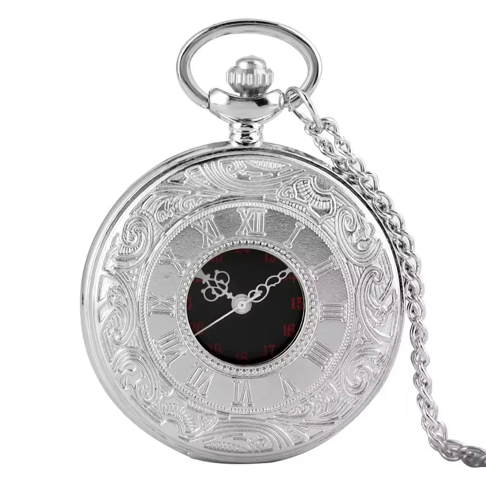 No-EN-Name-Null Adult Men Vintage Quartz Movement Black Round Shaped Glass Face Steampunk Black Roman Numerals Pendant Chain-Pocket Watches /Colors-Black/Gold/Brown/Silver