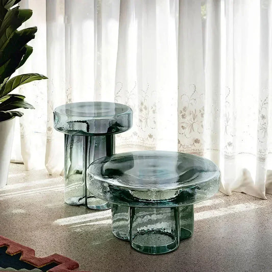 No-EN-Name-Null Modern Non-Toxic Tasteless Petal Side Green-Amber Round Shaped Transparent Blown Glass Corner Coffee Tables