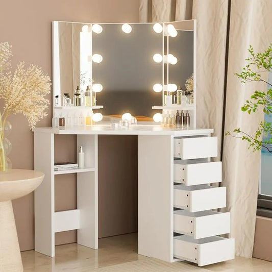 Modern Corner Wood Lighted Mirrored Women Make-Up Vanity Desk /Drawers/Colors-White/Brown/Gray