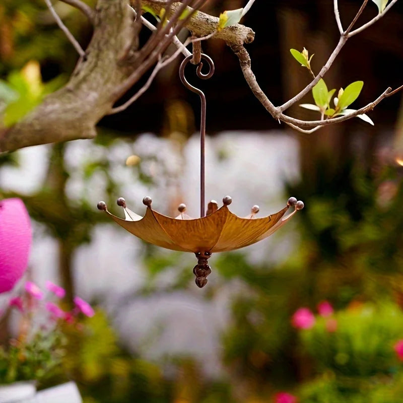 No-EN-Name-Null Modern Art Outdoor Garden Antique Hanging Upside Down Umbrella Shaped Brown Iron Metal Bird Food Tray Bowl-Bird Feeders/ Colors-Brown/Bronze/Silver/Black
