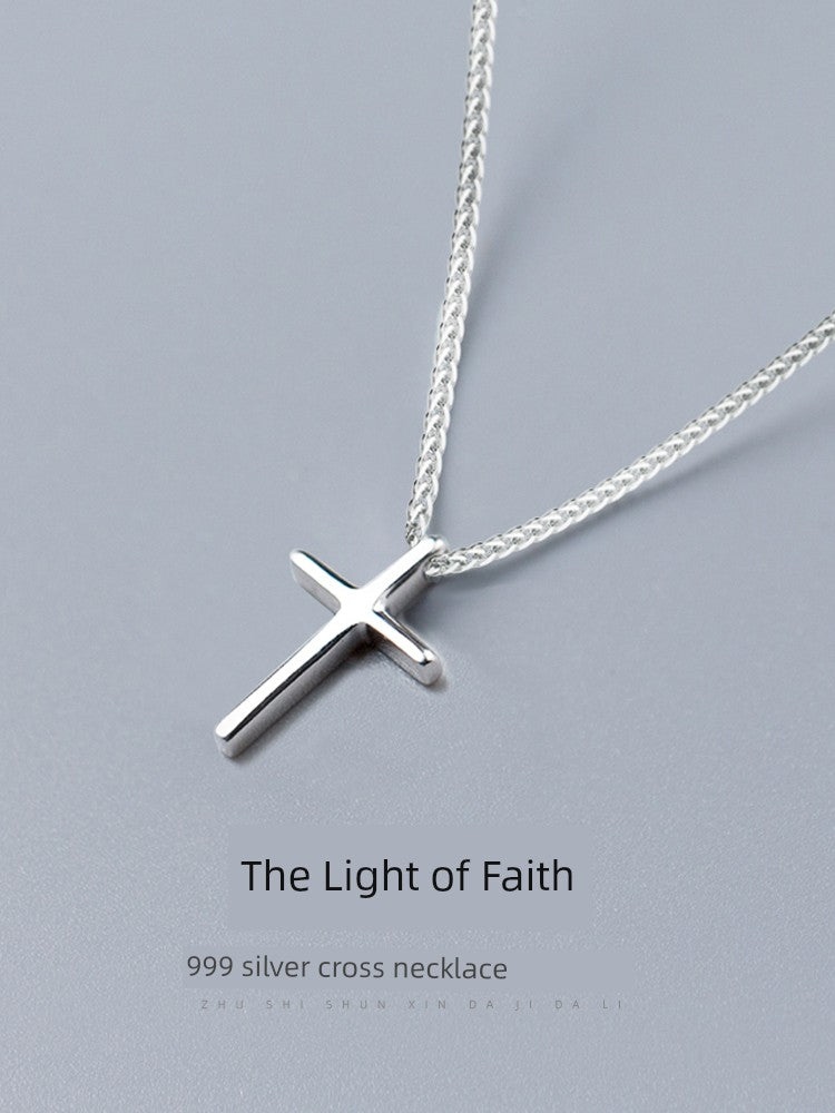 Adult Men Fine Imitation Sterling Silver Metal Polished The Light Of Faith Cross Pendant Chain Necklaces