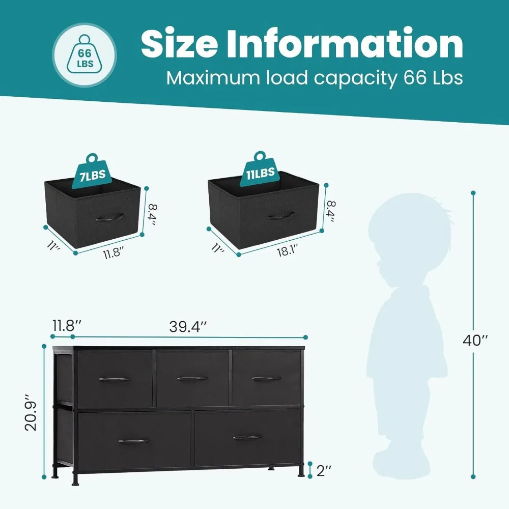 RUO WU Kids Small Rectangle Shaped Black Modern Wood Anti-Tilting Steel Frame Unfinished Adjustable Feet Dressers/5 Fabric Drawers/Plastic Handles/Colors-Black/Brown/Gray/White/Cross Support Bars