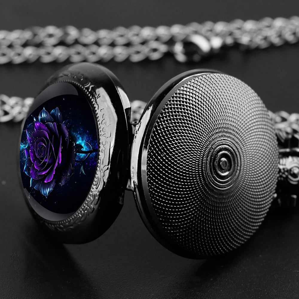 SHUHANG Adults Antique Quartz Digital Display Black Round Shaped Stainless Steel Metal Case Acrylic Face Painted Red Rose Green Leaves Design Black Chain-Pocket Watches