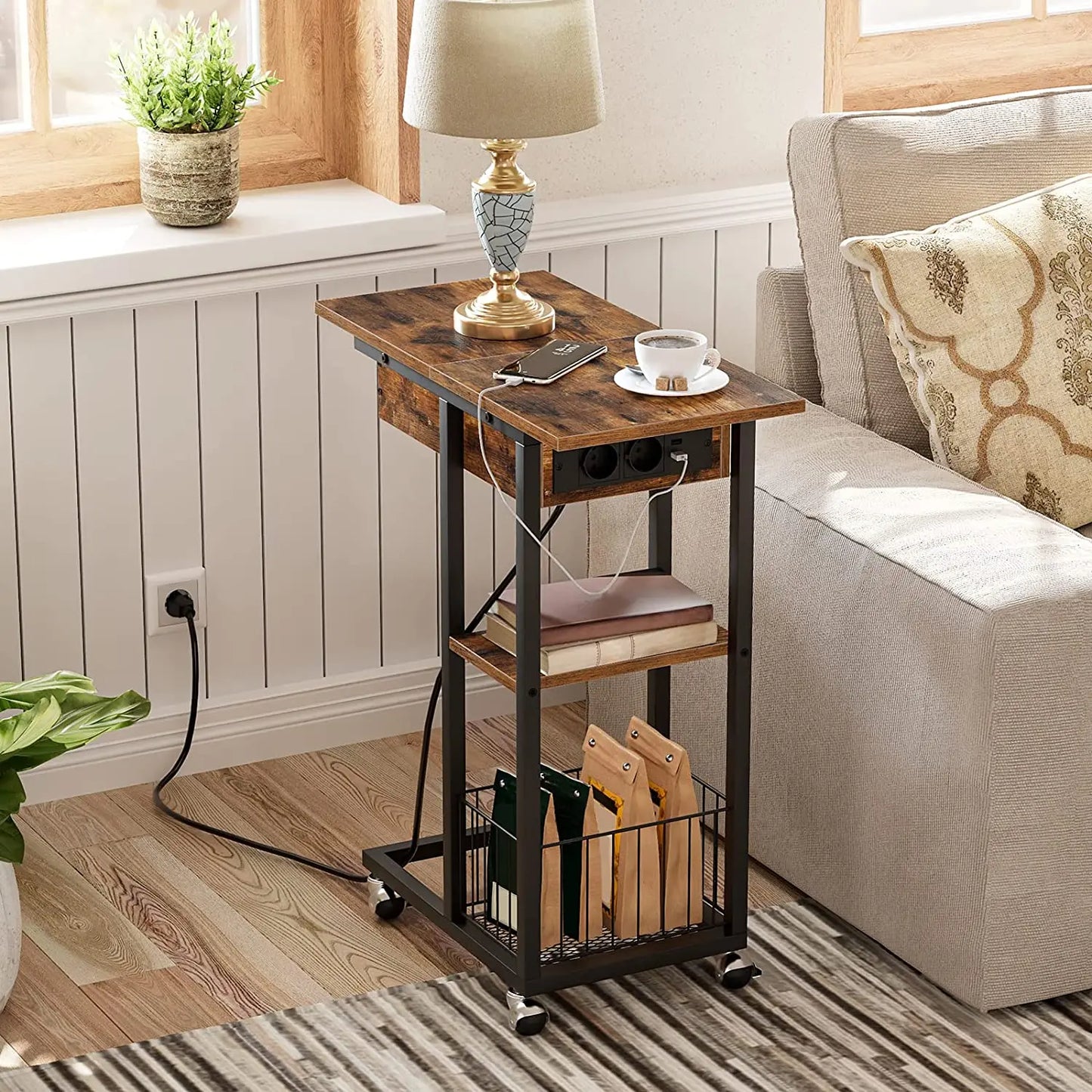 HOOBRO Rectangle Shaped Rustic Brown Wood Clamshell Tabletop Black Metal Flip C Shape Base End Tables/ 2-USB Ports Charging Station/ 4-Wheels-2-Shelves/2-AC Outlets