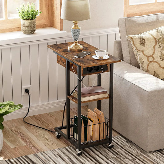 HOOBRO Rectangle Shaped Rustic Brown Wood Clamshell Tabletop Black Metal Flip C Shape Base End Tables/ 2-USB Ports Charging Station/ 4-Wheels-2-Shelves/2-AC Outlets