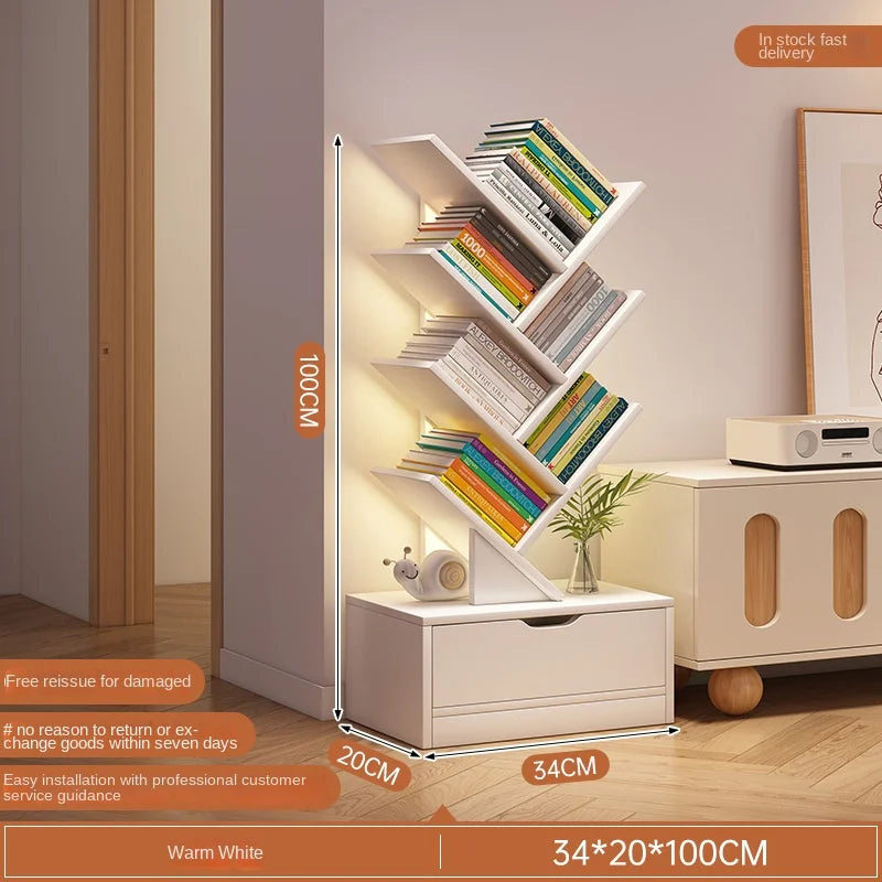 OMGD Modern Brown Wood-Panels One Drawer Box Base Free-Standing Living Room Small Tree-Like Shelves-Ladder Bookcases/Colors-Blue/Brown/White