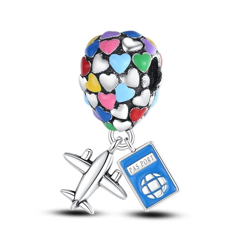No-EN-Name-Null Women Sterling Silver Enamel Rainbow-Hot Air Balloon Design Fine Imitation Zircon Stone Glass Nuggets Beads Shaped Charms-Pendants/ Colors-Rainbow/Multicolor/Silver/Pink/Animal/Floral