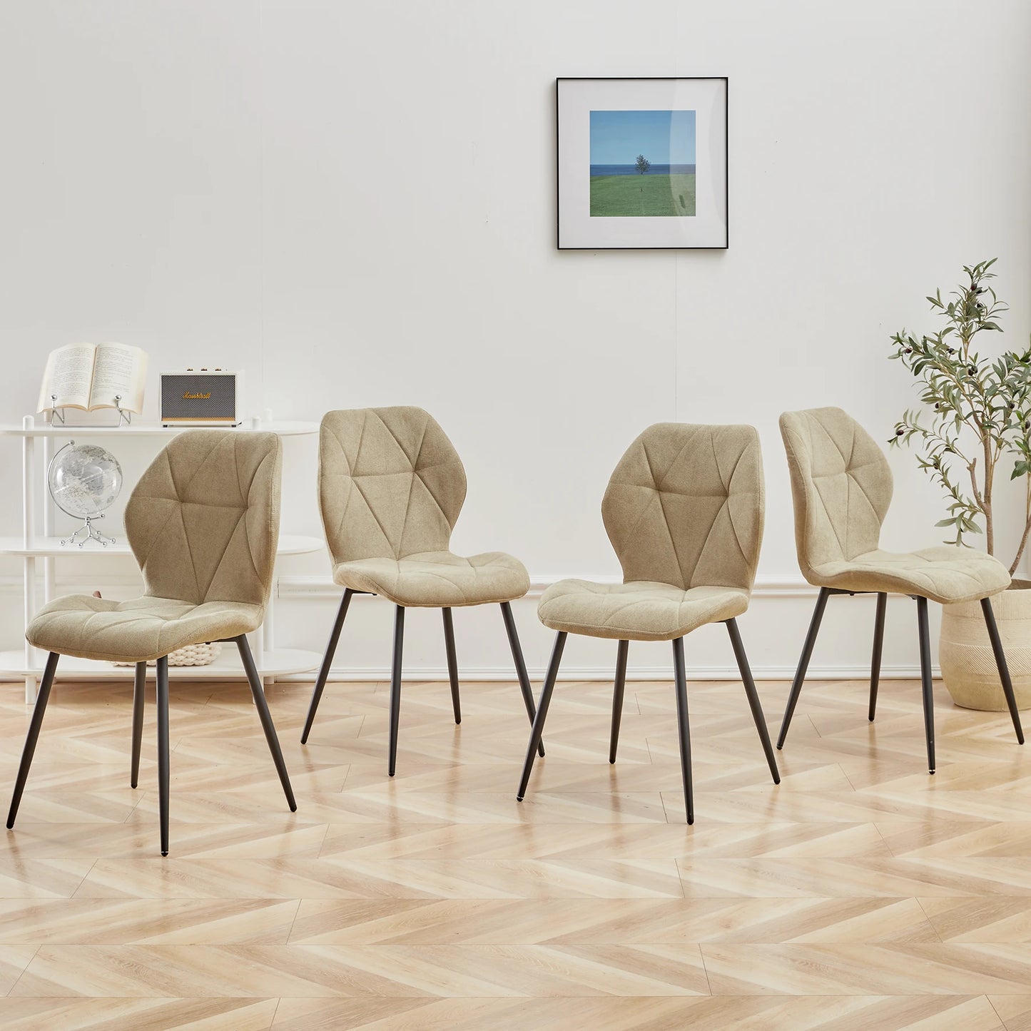 EGOONM Modern Black Upholstered Padded Linen Fabric Metal Legs-Feet 4 Kitchen-Dining Room Chairs/Dimensions: L 42cm x W 48cm x H 86cm/Colors-Black/Blue/Beige/Gray