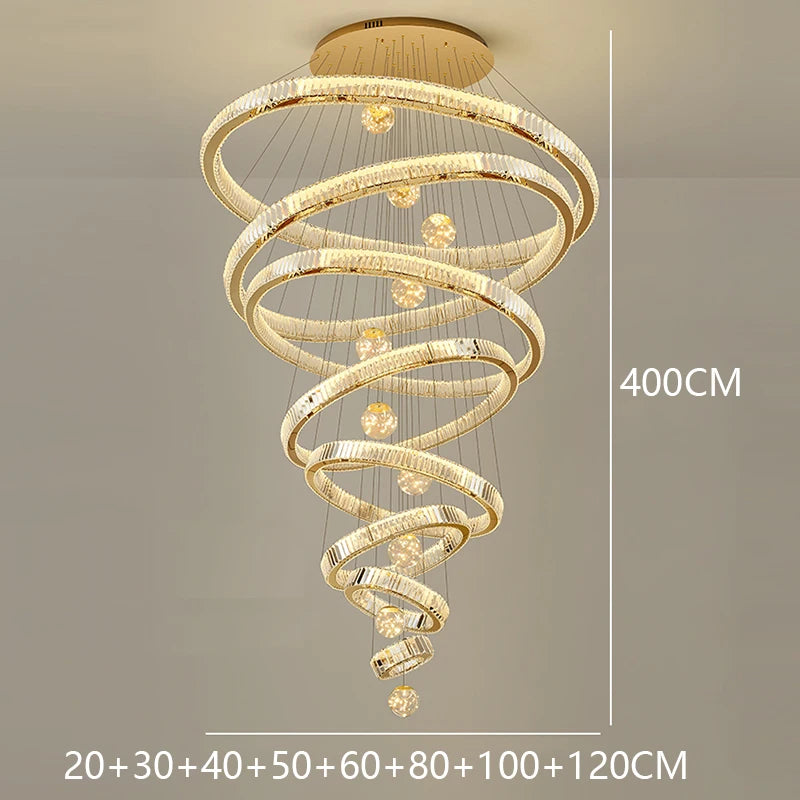 Modern Stainless Steel LED Warm Cool Twisted Ring Cord Pendant Hanging Crystal Chandelier Ceiling Lights/Dimming Remote Control/Touch On-Off/Colors-Gold/Silver