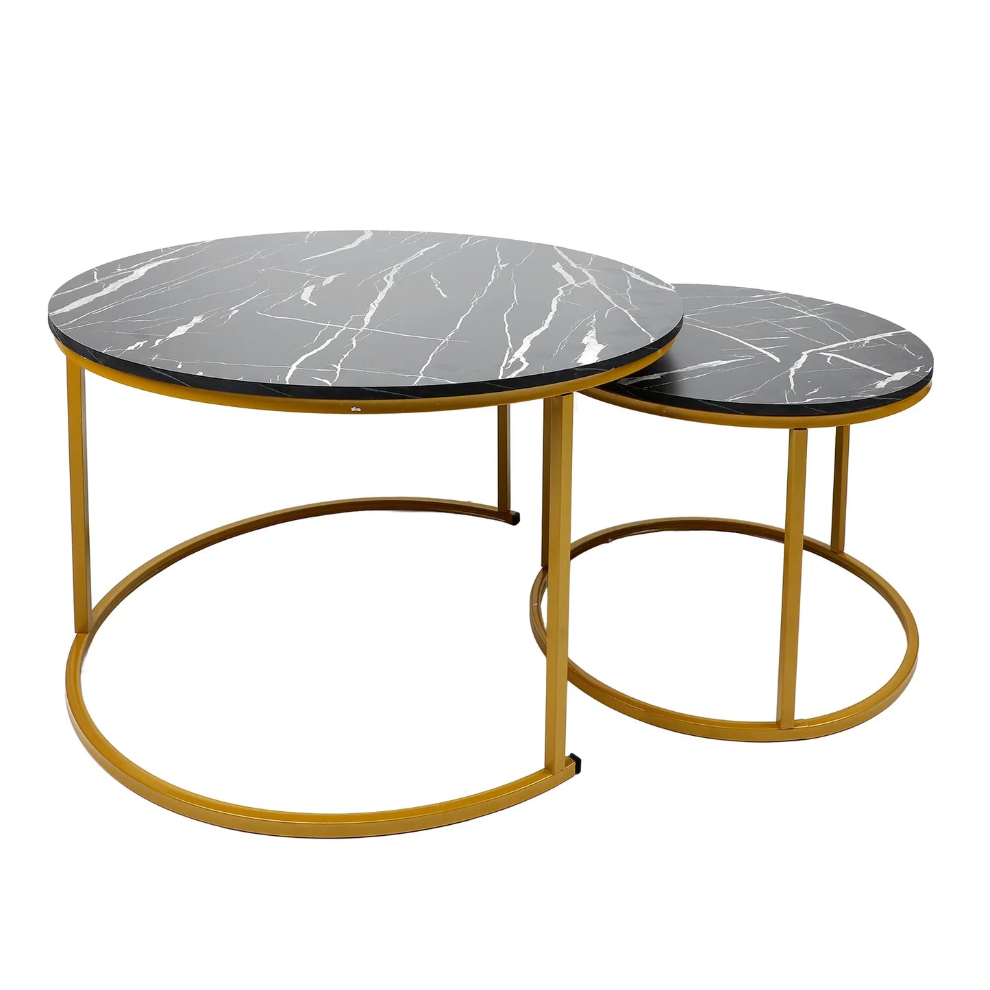 TOPINCN Modern 2 PCS Round Black Marvel White Grain Top Gold Metal Circle Frame Interlocking Stacking Coffee Table Sets/Colors-Black