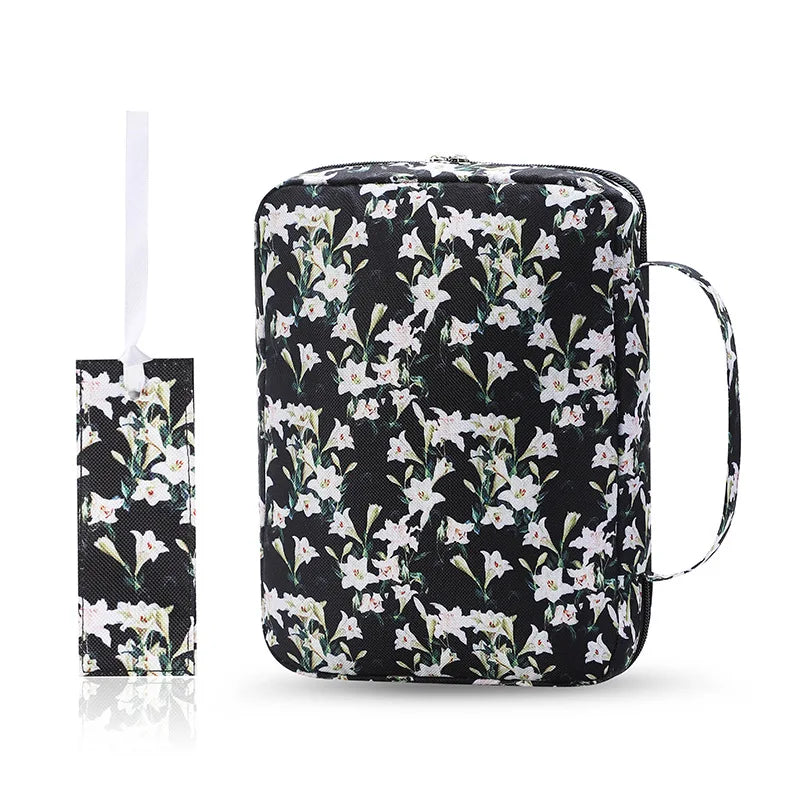ALL GLORY Soft Handle Blue Floral Design Saying God Is Within Her She Will Not Fall Psalms 46: 5Metal Zippered Internal Pockets Nylon Fabric Polyester Lining Religious Items Bible Cover Cases/Colors-Various Floral Patterns