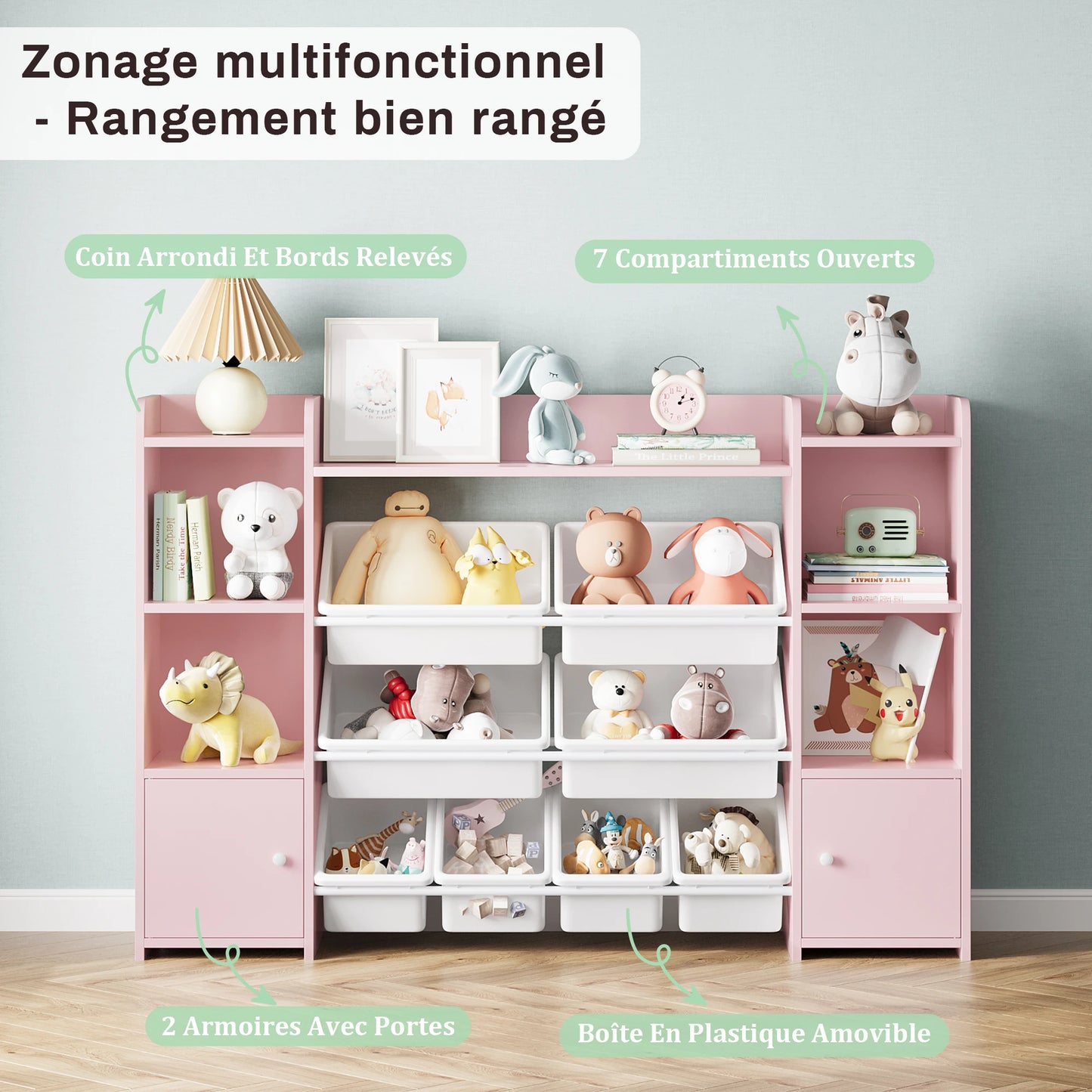 NULL Babies-Kids White-Pink Wood Two Doors-Bookcases-Removable Plastic Bins-Nine Shelves Toy Chest Storage Cabinets /Sizes: 138x29x94 cm/Assembly Required/Storage Options