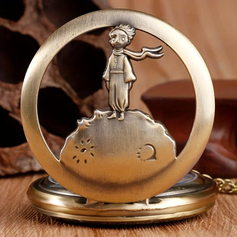 RUNERR Adults Vintage Imitation Quartz Analog Display Bronze Hollow-Out Round Shaped Metal Case Cartoon Little Prince Design Pendant Chain-Pocket Watches