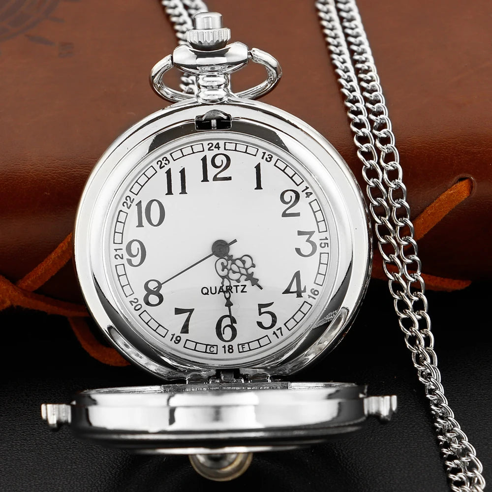 SHUHANG Adults Quartz Movement Exquisite Digital-Analog Display Flip-Out Acrylic Face Silver Stainless Steel Metal Round On Front Stars-Small Hourglass-On Back Floral Design Chain-Pocket Watches