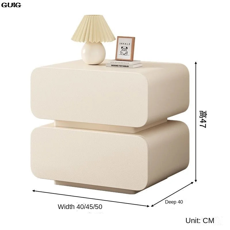 GUIG Modern Soft Microfiber Leather Abrasion-Scratch Resistant Curved Square Shaped Cream White Solid Wood Hidden Handles Two Drawers Nightstands/Colors-White/Dark Gray/Light Gray