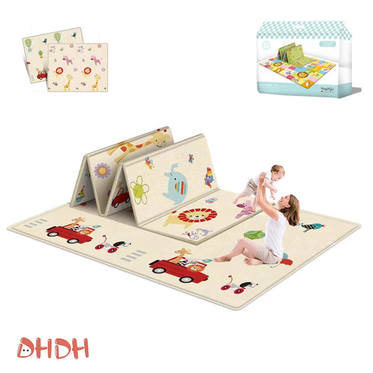 Babies Soft Plastic Waterproof High Rebound Double-Sided Portable Foldable Cute Cartoon Design Crawling Play Mats/Colors-Beige/Floral/Multicolor/Checkered/Geometric/Animal/Dots/Compact Size