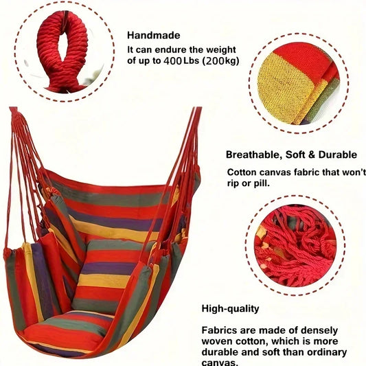 No-EN-Name-Null Outdoor Striped Red One Person Handmade Soft Durable Breathable Densely Woven Cotton Canvas Fabric Hanging Hammock Solid Seat Swing Chairs/ 200KG Load Bearing/Colors-Red/Striped/With Pillow-Cushion/NO Pill-Rip/Weight Max : 400LBS