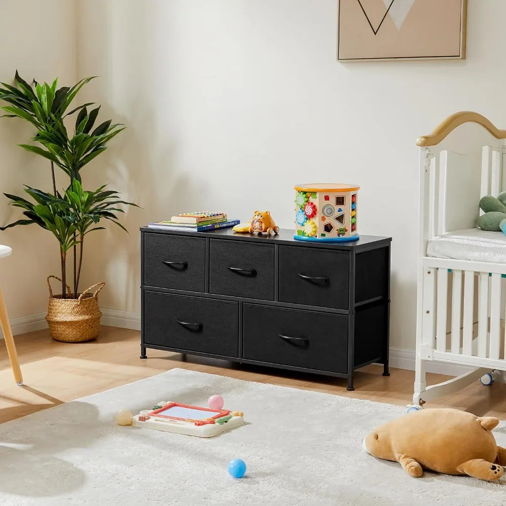 RUO WU Kids Small Rectangle Shaped Black Modern Wood Anti-Tilting Steel Frame Unfinished Adjustable Feet Dressers/5 Fabric Drawers/Plastic Handles/Colors-Black/Brown/Gray/White/Cross Support Bars