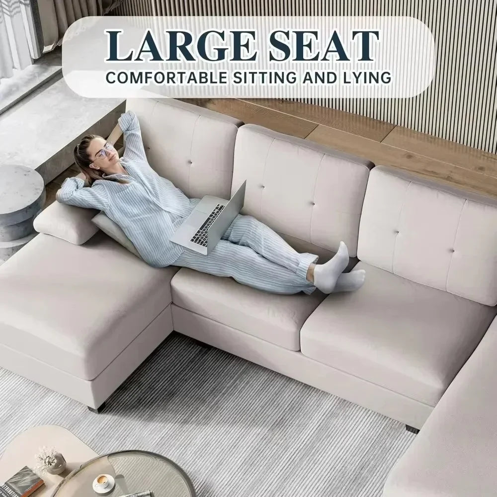 NULL Modern Large U-Shaped 4-Seater Double Wide Chaise Lounges Wood Frame Medium Firmness Breathable Soft Fabric Cushions Sectional Sofas/ Weight Max : 300 LBS /Colors- Dark Beige/Beige/Gray/ Dimension: 106.3" x 50.4" x 33.9".