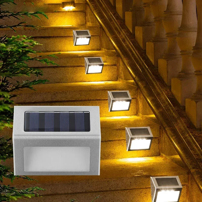 OPPSHINE Outdoor Modern Waterproof Silver-Yellow-White Square PC Plastic Body Warm-Cool White 6 LED Solar-Powered Stainless Steel Metal Step Landscape Pathway Lighting