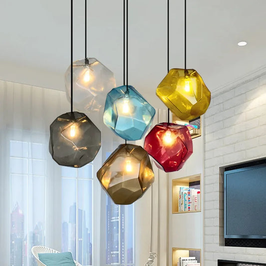 Indoor ART DECO Colorful LED Stone Shape Glass Cord Pendant Ceiling Light Fixtures/ Colors-Red/Blue/Brown/Yellow/Clear