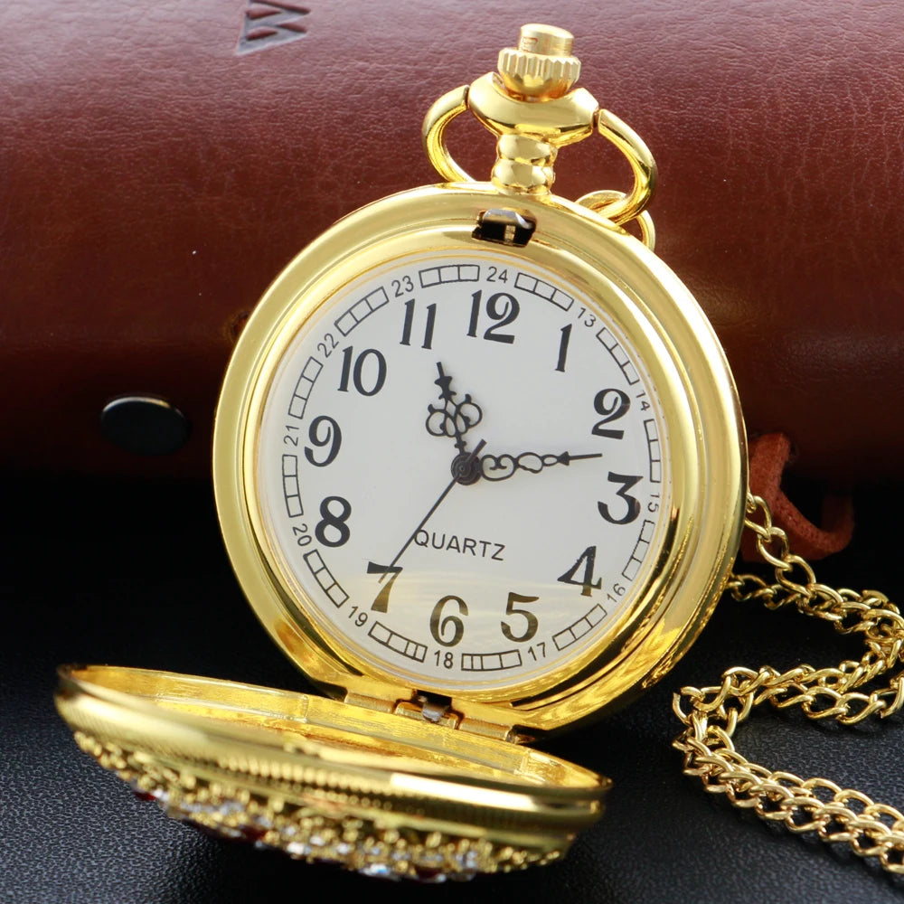 SHUHANG Adults Quartz Analog-Digital Display Gold-Red Ruby Stones On Front-Floral Design On Back Round Shaped Stainless Steel Metal Case Hardlex Face Necklace Chain-Pocket Watches