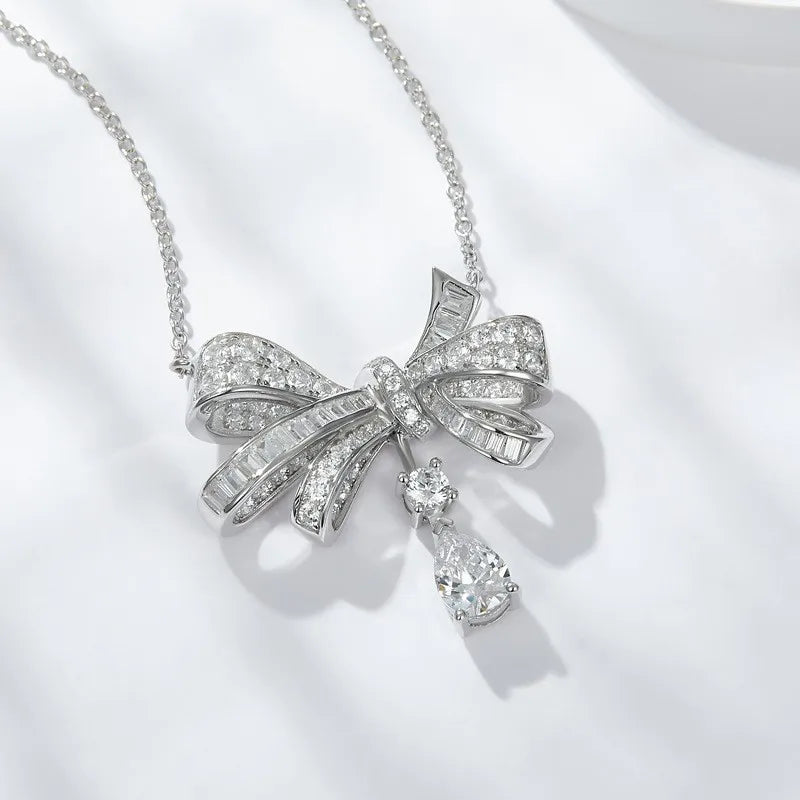 Follow-Cloud Adult Women Fine Sterling Silver Gold-Plated Metal Handmade Teardrop Moissanite In The Center Shiny Bowknot Circle Pendant Round Clear White Imitation Diamond Stone Necklaces